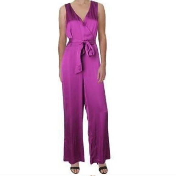 Lauren 𝅺Ralp Lauren Petite Purple Satin Sleeveless V Neck Jumpsuit - Picture 1 of 15